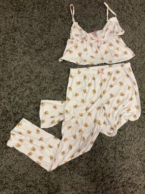 Sleep Junkie Teddy Bear Pajama Set Large Lace Trim Cami & Pants